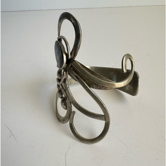 Vintage Abalone Shell Bracelet Artisan Freeform Silver Large Cuff MCM Modernist - Picture 5 of 16